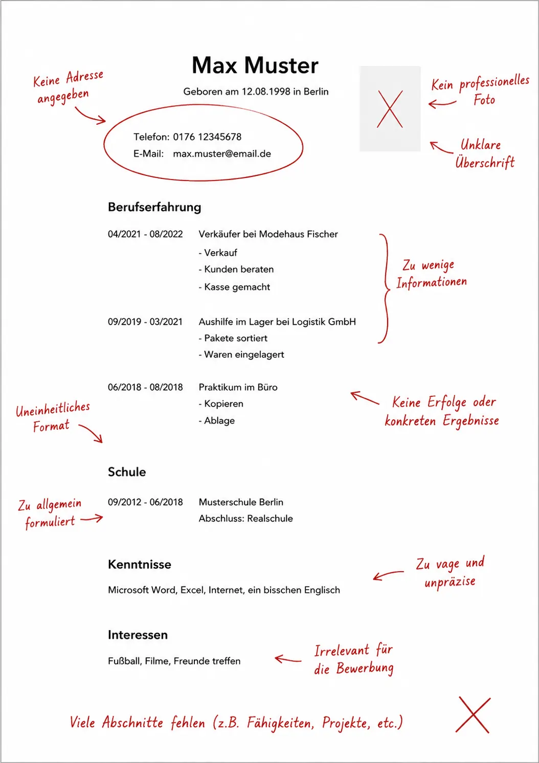 Alter unstrukturierter Lebenslauf mit wenig Stellenbezug